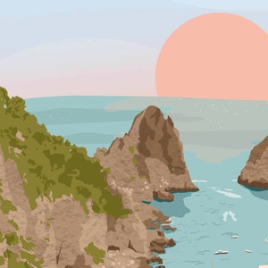 May include: A digital illustration of a rocky coastline with a large, pink sun setting over the ocean. The water is a light blue color and there are small white boats in the distance.