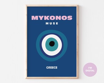 May include: A blue and white print with the text "Mykonos Muse" and "Greece" in white. A blue evil eye with white and black circles is in the center of the print.