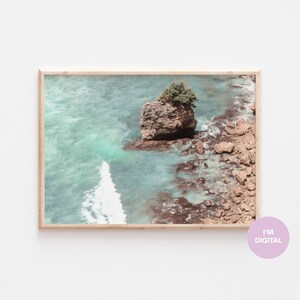 May include: An aerial view of a rocky outcrop with a small tree growing on top, surrounded by turquoise water and white waves.
