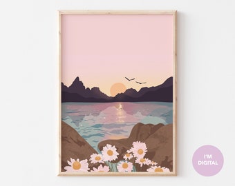 May include: A digital illustration of a pink sunset over a lake with mountains in the background.  The lake is surrounded by rocks and there are white daisies in the foreground.