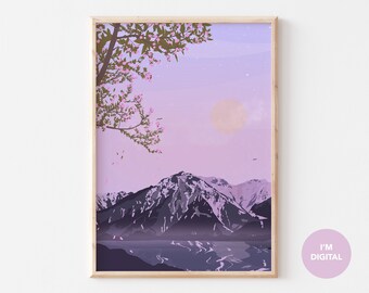 Mountain Print | Aoraki Print | Purple Illustration | Nature Art | college dorm | Digital Art | college decor | Travel Art