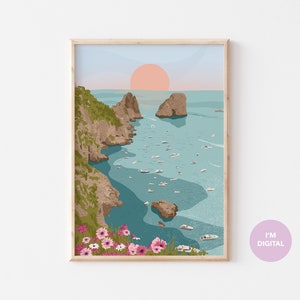 May include: A digital illustration of a seascape with a rocky coastline, a bright pink sun setting over the ocean, and many small boats scattered across the water. Pink flowers are in the foreground.