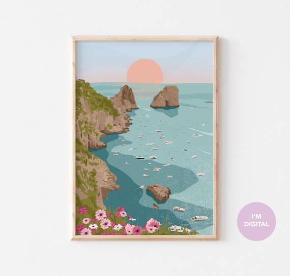 Blue and Pink Capri Print | Italy Print | Capri art | Illustrated Print | Italy Art | Printable Art | Digital Art | capri painting