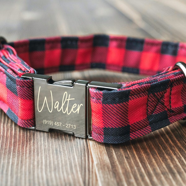 Personalized Dog Collar - Red Buffalo Plaid - Christmas Dog Collar - Laser Engraved Metal Buckle - Designer Collar