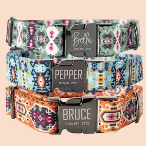 May include: Three dog collars with a geometric pattern in green, blue, and orange. Each collar has a silver buckle with a name and phone number engraved on it. The names are Bella, Pepper, and Bruce.