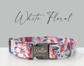Personalisiertes Hundehalsband - Blush Blumenmuster - Gravierte Metallschnalle - Frühling Sommer