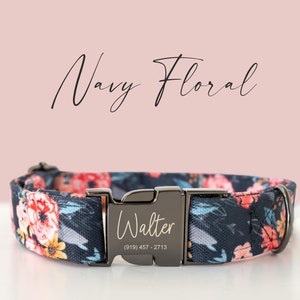 Personalized Dog Collar - Navy Floral Pattern - Engraved Metal Buckle - Spring - Summer