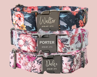 Personalized Dog Collar - Navy Floral Pattern - Engraved Metal Buckle - Spring - Summer