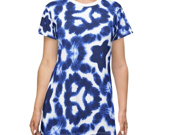 T-Shirt Dress Blue and White Tie Dye Batik Shibori