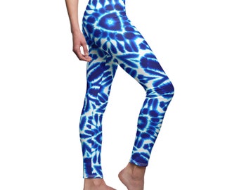 Groovy legging voor dames Tie Dye, Batik, Shibori, blauw, turkoois, wit
