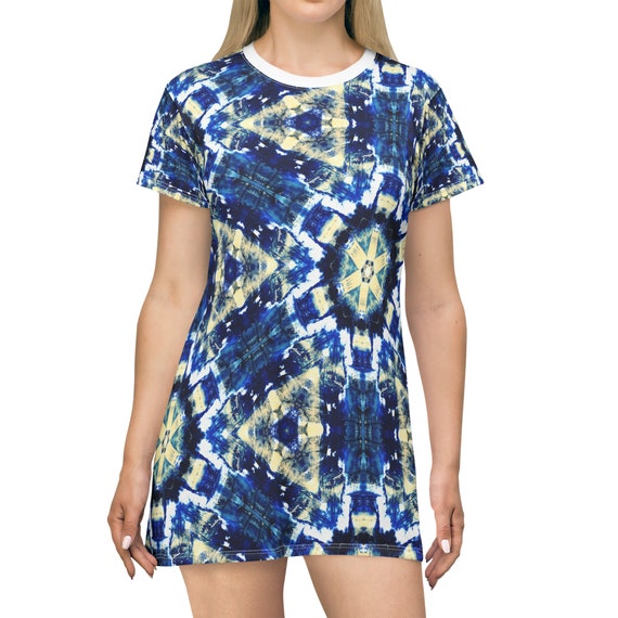 blue and yellow tie dye dress T-Shirt Shibori Casual African SFneewho® Women Elegant Party torisfaves Designer color name Waist Size:32