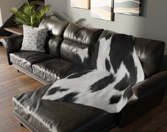 Cowhide Black White Velveteen Minky Blanket Reversible Print, Gift for Cowboys and Cowgirls