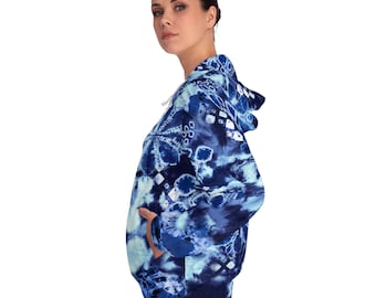 Shibori Damhuvtröja med dragkedja, blå, batikfärgad, tie dye
