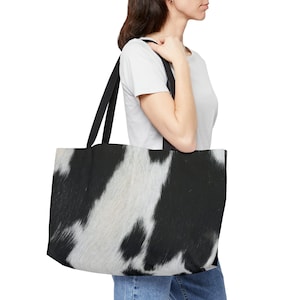 Cowhide Black and White Stylish Weekender Tote Bag