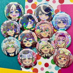 May include: A collection of twelve round, holographic anime-style character buttons. Each button features a different character with unique hair and eye colors, and facial expressions. The buttons are arranged on a colorful background.