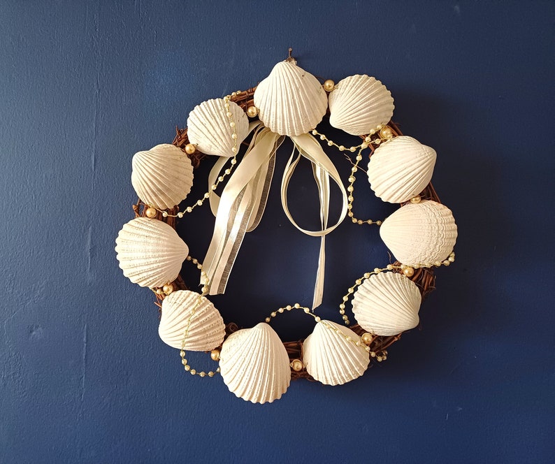 Seashell wreath/seashell art/table centrepiece/wedding centrepiece/hanging wreath/clam shells/sea shell decor image 1