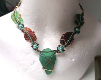 Statement sea glass necklace/Unique, genuine sea glass,elven necklace/medieval necklace/Game of Thrones necklace/prom necklace