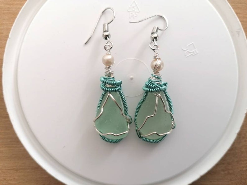 Genuine sea glass/ dangle earrings/Irish seaglass earrings/summer earrings/cool earrings/celtic earrings/mermaid earrings/upcycled earrings image 2