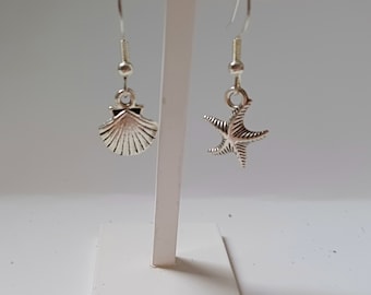 Mismatched earrings/starfish earrings/seashell earrings/sea life earrings/mismatch earrings/quirky earrings/cool earrings