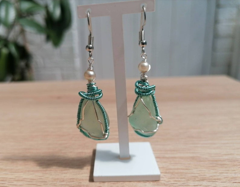 Genuine sea glass/ dangle earrings/Irish seaglass earrings/summer earrings/cool earrings/celtic earrings/mermaid earrings/upcycled earrings image 1