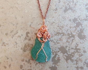 Unique sea glass copper necklace/copper wire wrapped vintage pendant/rare sea glass necklace/ sea glass teardrop necklace/prom necklace