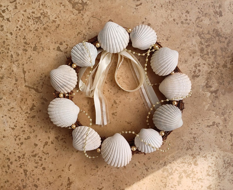 Seashell wreath/seashell art/table centrepiece/wedding centrepiece/hanging wreath/clam shells/sea shell decor image 2