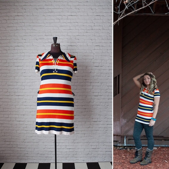 stripe mini dress, stretchy collared dress, navy o