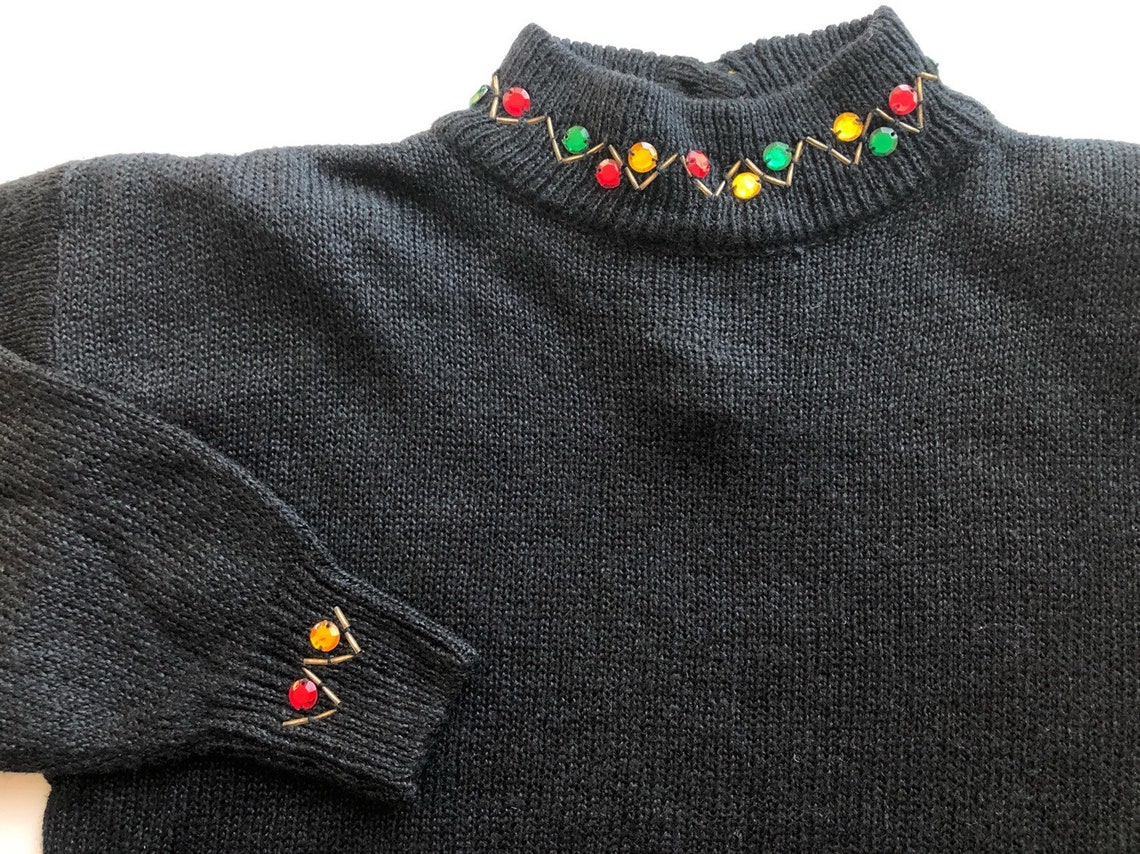 Black sweater Jewel Sweater Bedazzled accent Gem sweater | Etsy