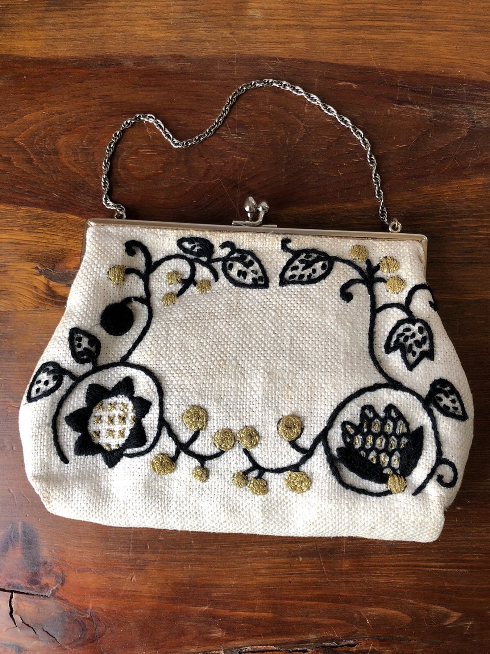 Bird embroidered handbag black and gold crewel hand bag Etsy