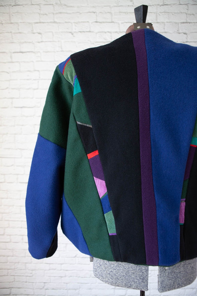 dark 90s seude design detail art to wear leather piping wool batwing sleeve jacket asymmetrical wool blend coat 80s colorblock coat