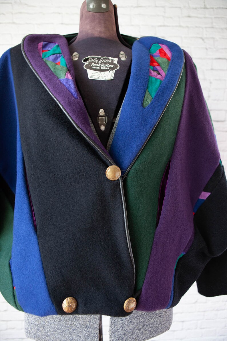 dark 90s seude design detail art to wear leather piping wool batwing sleeve jacket asymmetrical wool blend coat 80s colorblock coat