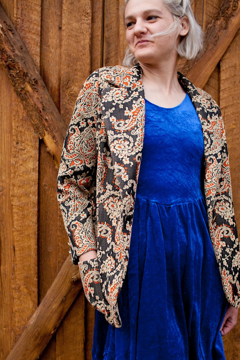 beige black paisley blazer floral paisley print coat Tapestry blazer tan and black blazer paisley pattern jacket notched lapel blazer