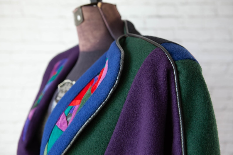 dark 90s seude design detail art to wear leather piping wool batwing sleeve jacket asymmetrical wool blend coat 80s colorblock coat