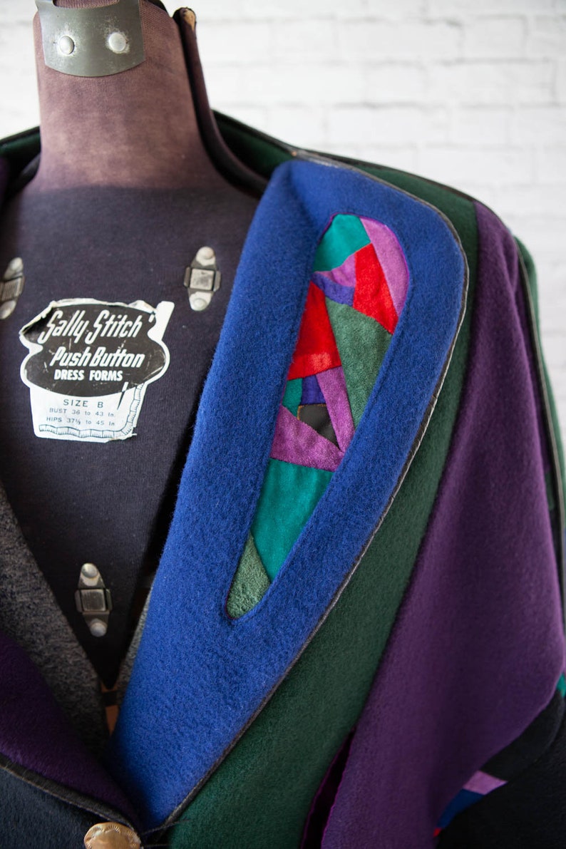 dark 90s seude design detail art to wear leather piping wool batwing sleeve jacket asymmetrical wool blend coat 80s colorblock coat