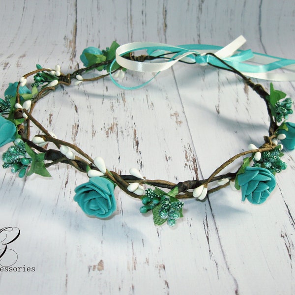 Turquoise White simple Flower crown Roses Boho wreath Bridal headpiece Halo baby Newborn headband Maternity shoot Flower girl Bridesmaids