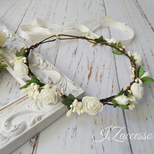 Ivory Flower crown Bridal hair piece Boho headband White Rose Snowdrop wreath Woodland Wedding Maternity Bridesmaid Flower girl headpiece