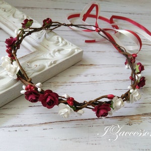 Burgundy White Bridal Flower crown Bridesmaids Roses Wreath Boho headband Hair piece Headpiece Flower girl Maternity crown Woodland Wedding