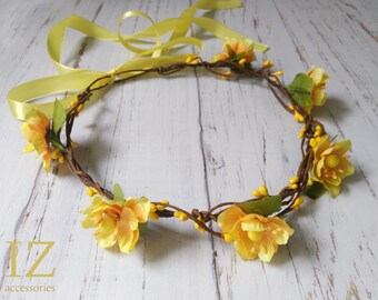 Yellow Flower Crown: Rustic Wedding, Boho Floral Headpiece