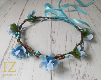 Light Blue Flower Crown, Rustic Wedding Headband, Boho Bridal Halo