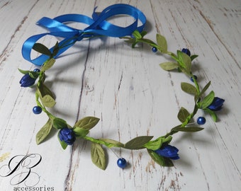 Royal Blue Flower Crown: Boho Wedding Headband with Pearls