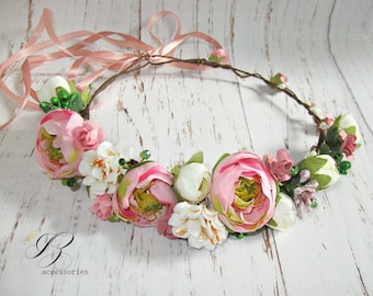 Rosa Pfingstrose Blumenkrone, Braut Rose Stirnband, Boho Hochzeit Halo