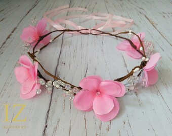 Blush rosa Blumenkrone, Kristall Hochzeit Kopfschmuck