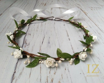 18 COLORS Bridal Flower crown White Boho headband Rose Wreath Hair piece Headpiece Bridesmaid Flower girl Woodland Wedding Halo Greenery