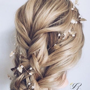 Leaf Wedding Hair Vine Leaf tiara headpiece Leaf crown Pearl Hair Vine Bridal headband Hair piece Long hair vine Silver Gold Rose gold Leaf