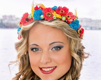 Ukrainian hair wreath Flower crown Rustic wedding Poppies Wheat Bridal headband Hair piece Boho Woodland Halo headpiece Bridesmaid