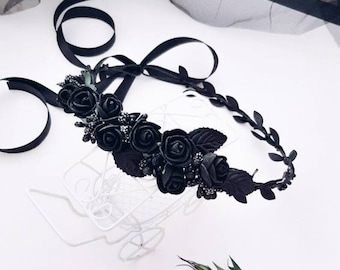 Black Rose Crown Gothic Wedding Flower Crown Boho headband hair piece Bachelorette party Wedding halo Bridal shower Bridesmaid headpiece