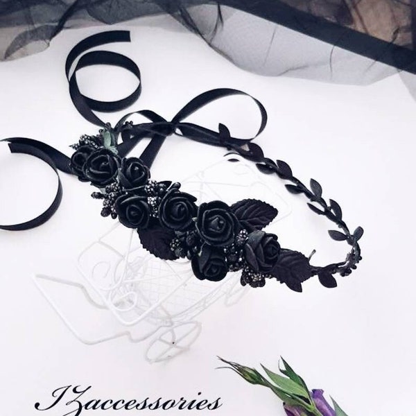 Black Rose Crown Gothic Wedding Flower Crown Boho headband hair piece Bachelorette party Wedding halo Bridal shower Bridesmaid headpiece