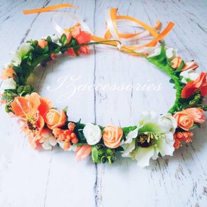 Orange Ivory Flower crown Rustic Wedding Boho wreath Bridal headpiece headband Maternity Halo baby Newborn Bridesmaid Hair piece Flower girl
