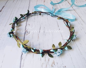 Light Blue Rose Flower Crown - Bridal Headpiece, Boho Wedding Halo