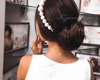 Wedding Pearl Headpiece White Ivory Hearpiece Bridal headband Pearl crown Bridesmaids Extra large pearl hairpiece Wedding halo Bridal shower